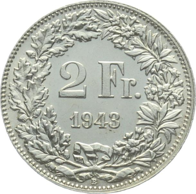 2 Franken 1943 B - fast stempelglanz